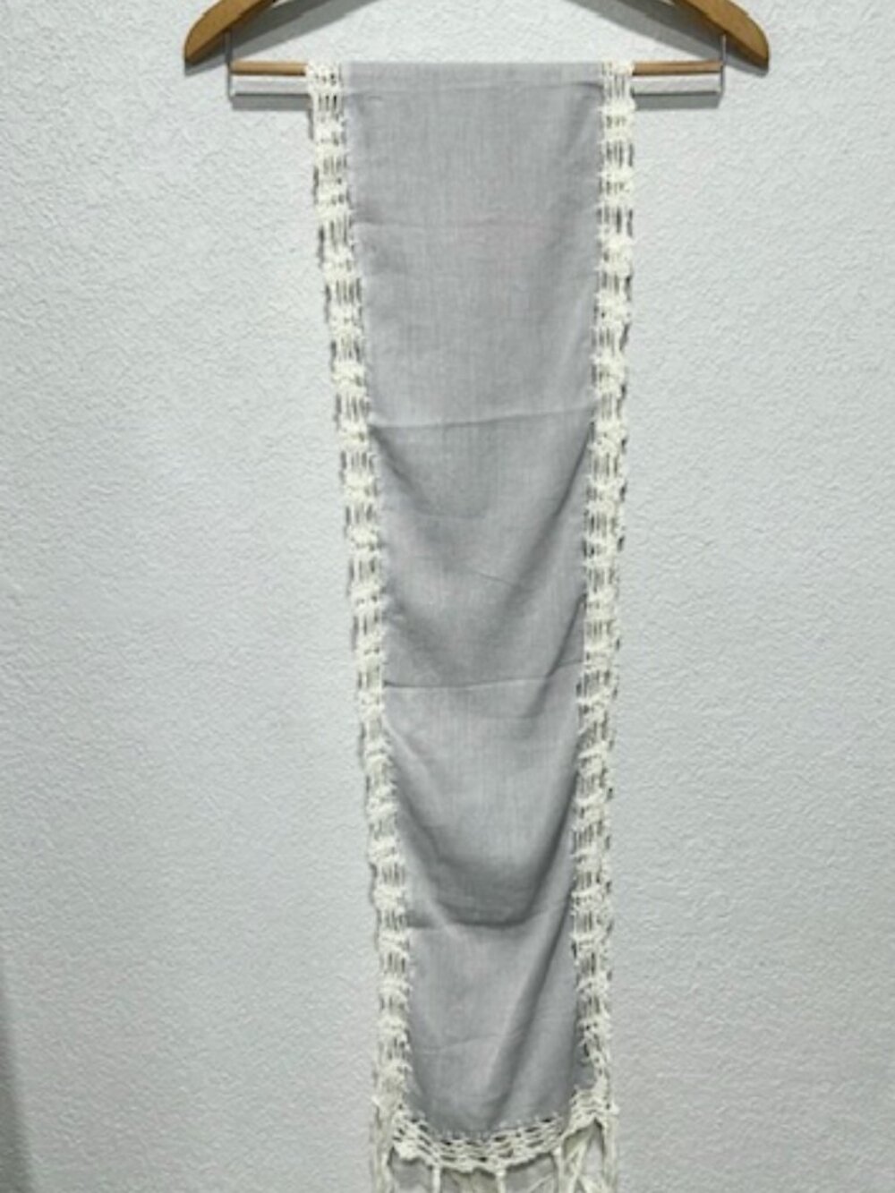 Womens Cotton Gauze Knit Scarf Crochet Trim with Tassles Light Blue & White 74" - Picture 5 of 7